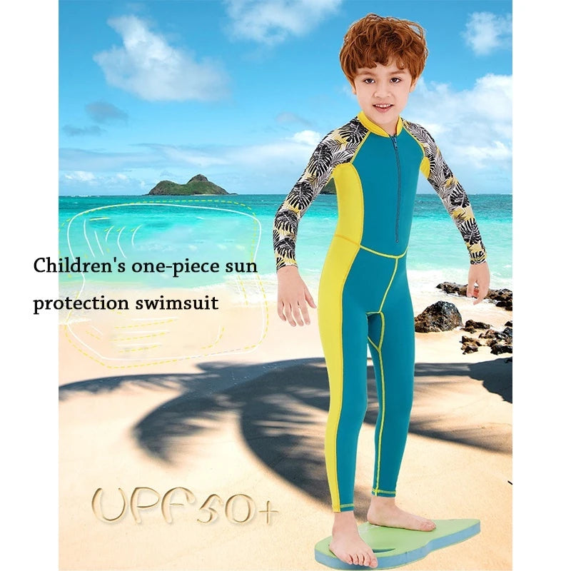 Boys One-Piece Swimsuit Long Sleeve Sun Protection Kids Swimwear with Cap