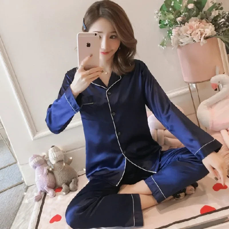 2025 Women's Silk Pajama Set | Long Sleeve Cardigan Ice Silk Sleepwear Home Clothing