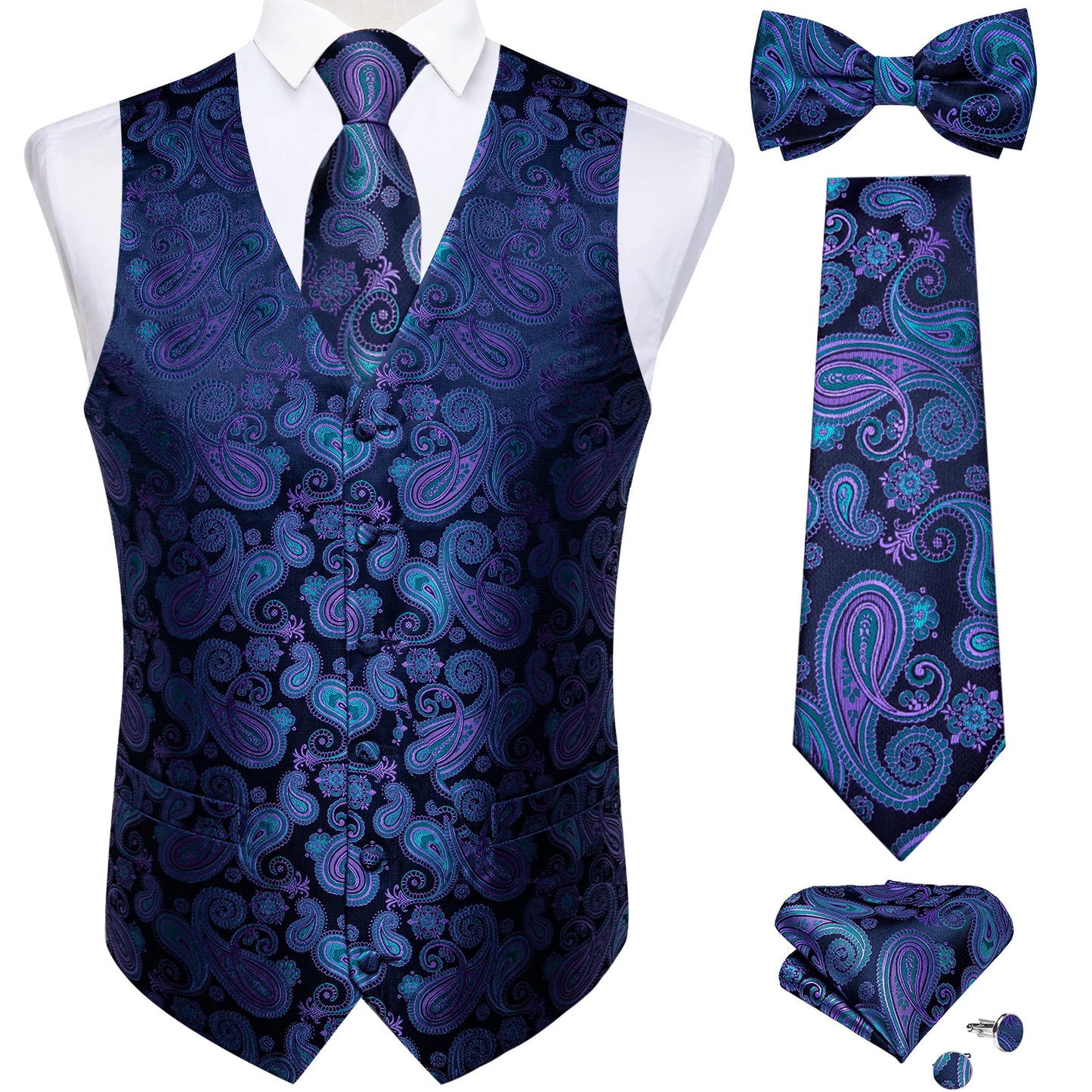 Men's Black Paisley Suit Vest with Necktie & Accessories – Formal Waistcoat for Wedding & Prom