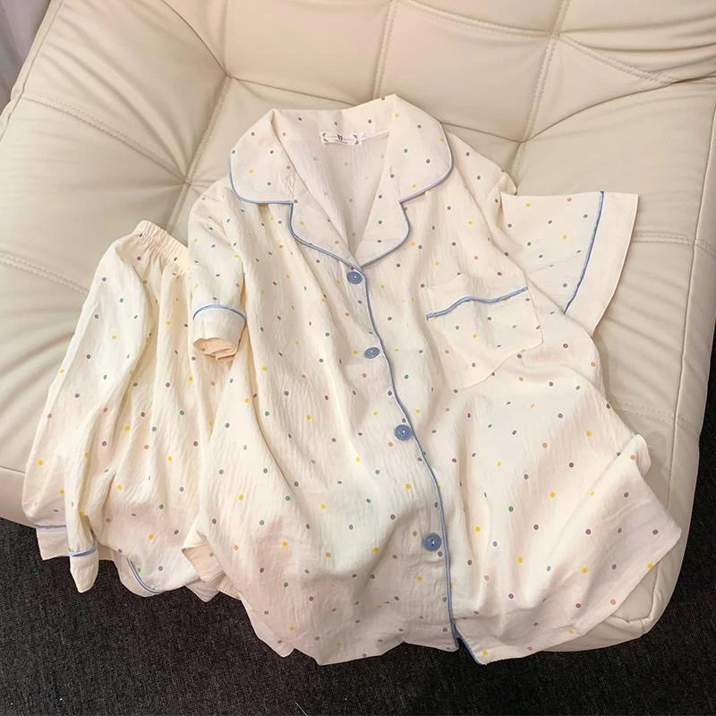 Polka Dot Women's Pajama Set | Cotton Sleepwear Top & Shorts | Casual Comfortable 2-Piece Home Outfit