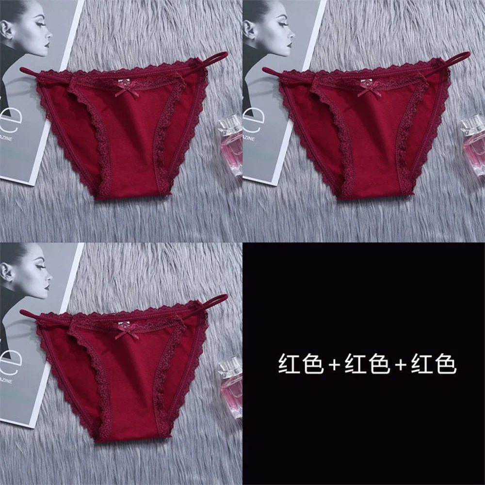 3PCS Women's Traceless Ice Silk Briefs Nylon Lace Trim Low Waist Breathable Cotton Crotch Panties