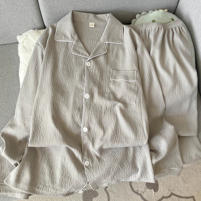 Autumn Men's Pajama Set | Solid Color Plus Size Lapel Neck Long Sleeve Top & Pants | Casual Soft Oversized Loungewear 2-Piece