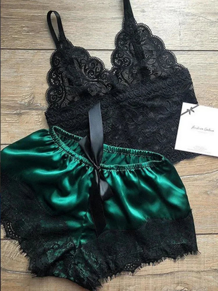 Women’s Sexy Sleepwear Pajama Set – Lace Sleeveless V-Neck Tops & Shorts, Lingerie Nightwear Loungewear