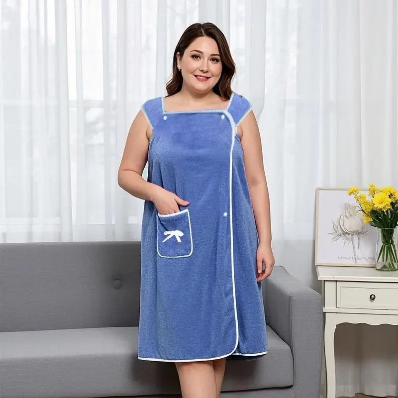 Women's Plus Size Wearable Bath Towel – Cute Bow Adjustable Shower Skirt Bath Robe with Pocket