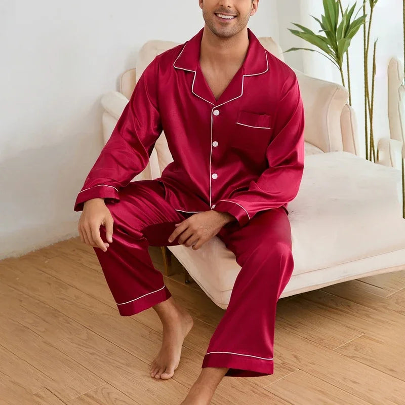 Men's Satin Pajama Set | Long Sleeve Top & Trousers | Soft Comfortable Autumn Sleepwear Loungewear