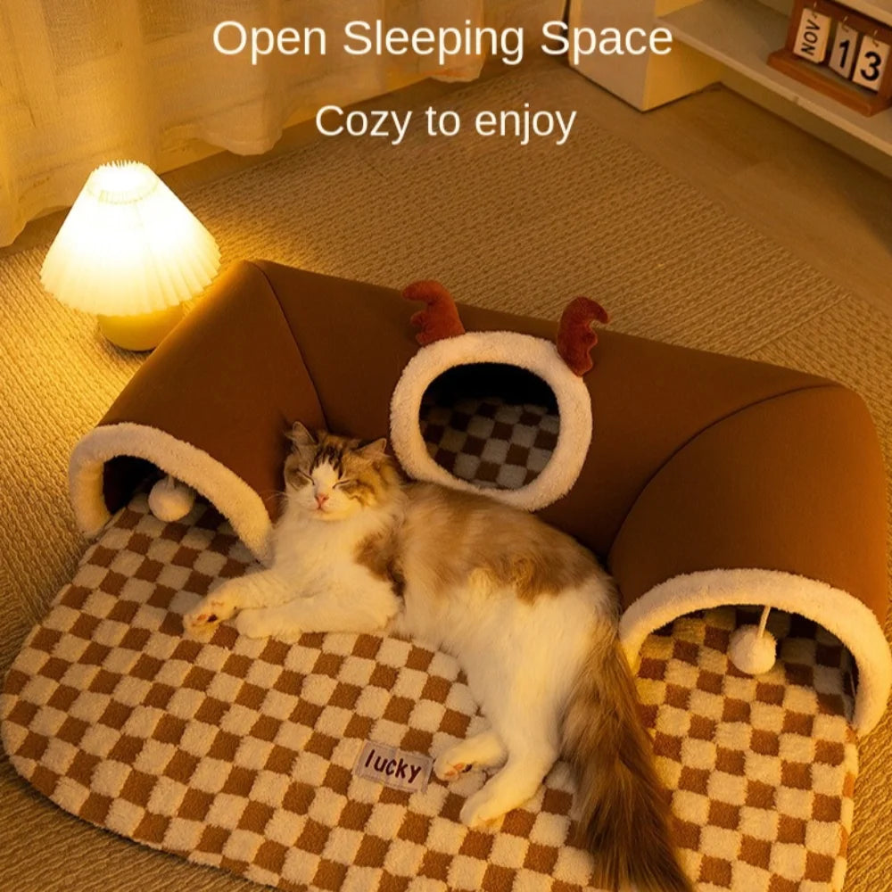 Plush Cat Tunnel Bed – Warm Tube-Shaped Pet Hideaway with Peekaboo Toy for Cats