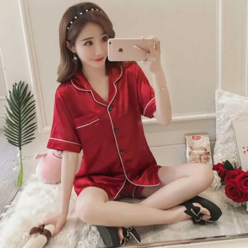 2025 Women's Silk Pajama Set | Long Sleeve Cardigan Ice Silk Sleepwear Home Clothing
