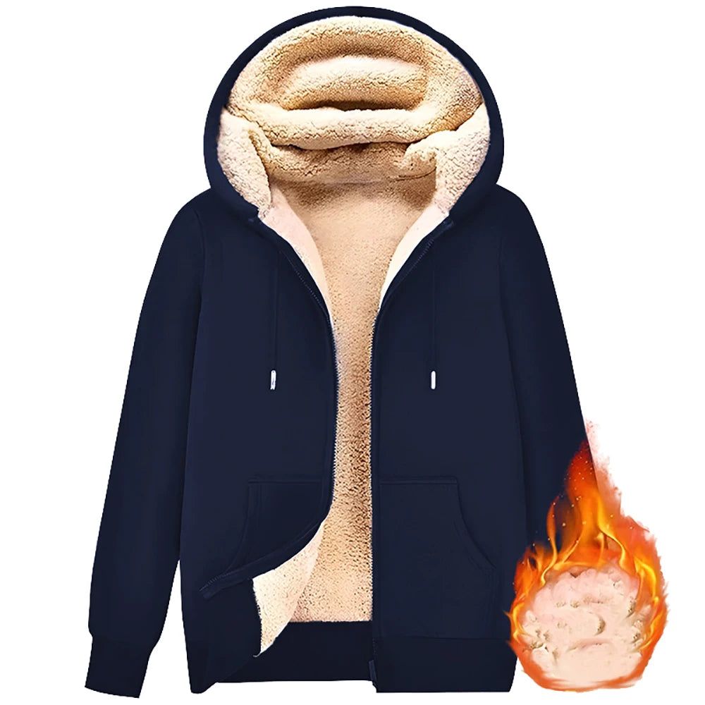 Unisex Trendy Lamb Wool Jacket – Warm Zipper Hoodie with Front Pockets, Plush Lined Winter Coat