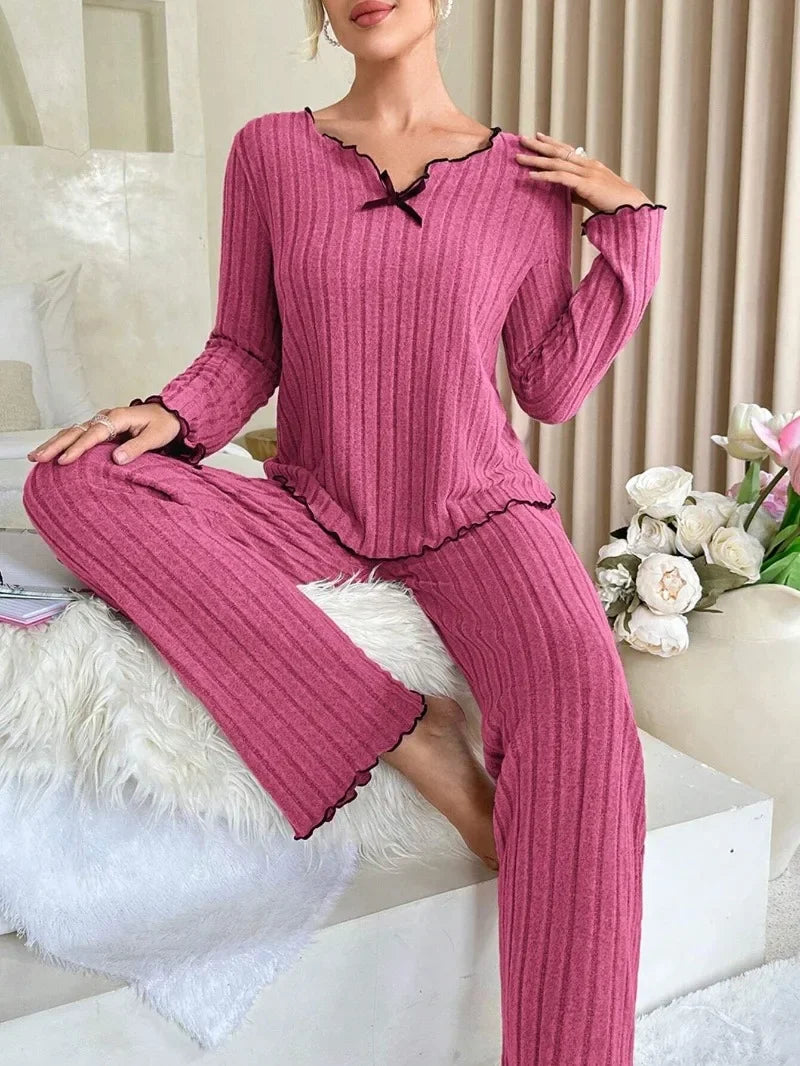 Autumn Winter Women's Ribbed Pajama Set | Long Sleeve Top & Pants 2-Piece Casual Homewear