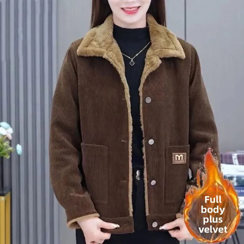 Warm Fleece-Lined Jacket for Middle-Aged & Elderly Women Slim Loose Fit Autumn Winter Fashion