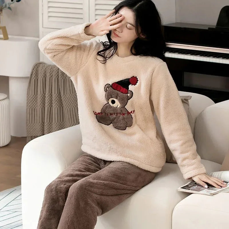 Thickened Warm Women's Pajama Set | Coral Velvet Top & Pants with Cartoon Bear | Large Size Fall & Winter 2-Piece Set