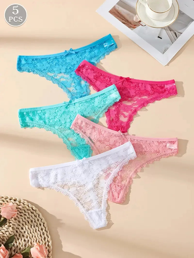 5PCS Women's Floral Lace Low Waist Panties Sexy Breathable Solid Color Underwear Lingerie