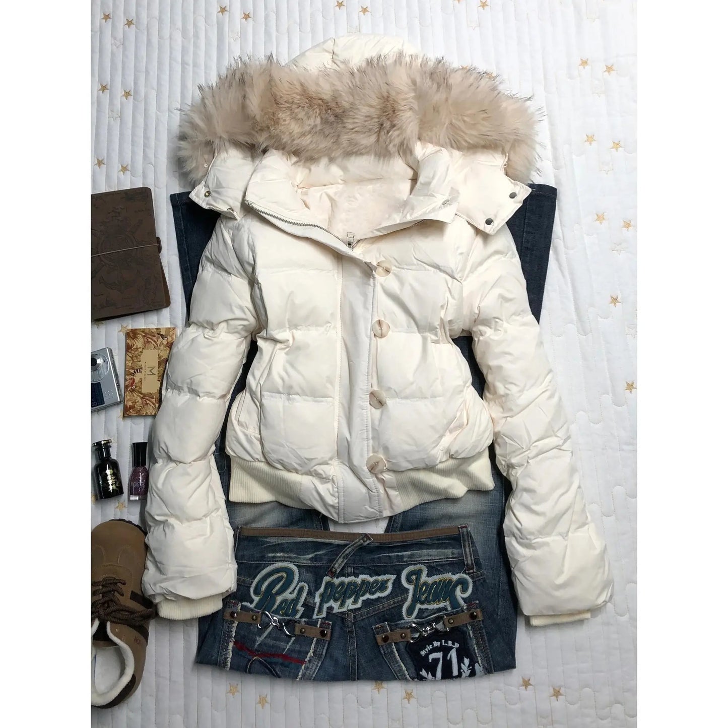 American Retro Fur Collar Women’s Hooded Cotton Coat Winter Loose Casual Slim Jacket