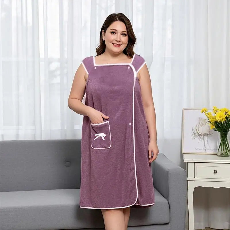 Women's Plus Size Wearable Bath Towel – Cute Bow Adjustable Shower Skirt Bath Robe with Pocket