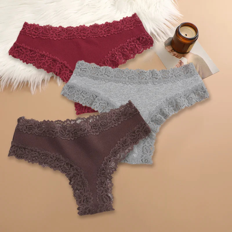 3PCS Women's Cotton Lace Brazilian Panties Soft Sexy Underwear Lingerie S-XL