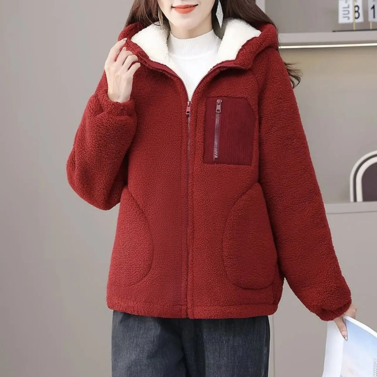 Winter Sherpa Fleece Coat Patchwork Pocket Wool-Lined Thickened Women's Plush Thermal Full Zipper Outerwear
