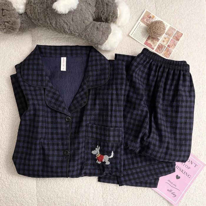 New Spring Women's Pajama Set | Cute Plaid Embroidered Dog Design Home Wear with Lapel Neck