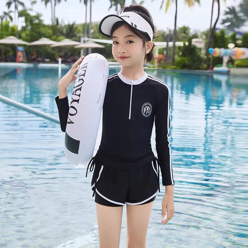Girls Two Piece Swimsuit Double Layer Short Sleeve Swimwear Summer Beach Outfit