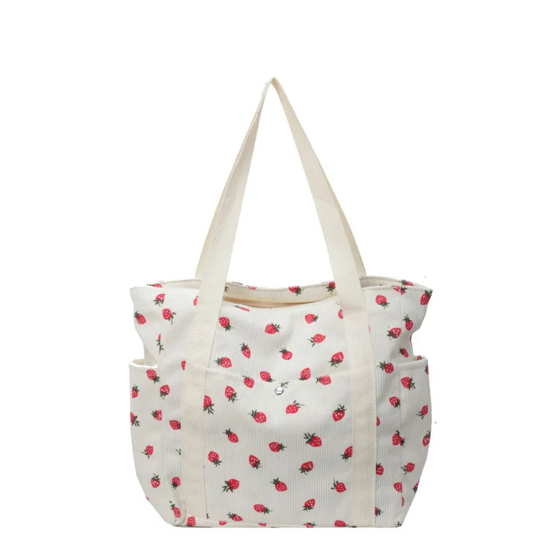 Women’s Strawberry Corduroy Handbag • Cute Fashion Shoulder Tote • Versatile Casual & Commuter Bag
