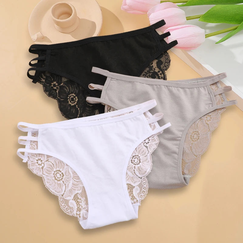 3PC Set Women's Sexy Floral Lace Low Rise Hollow Out Panties Transparent Underwear Soft Elastic Straps Lingerie
