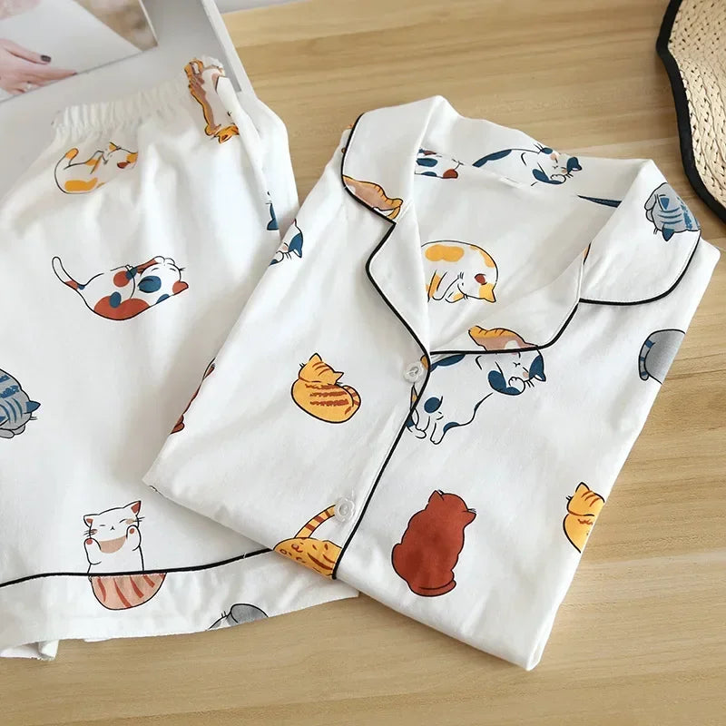 New 100% Cotton Short-Sleeved Pajama Set for Women | Cute Cartoon Japanese-Style Summer Sleepwear