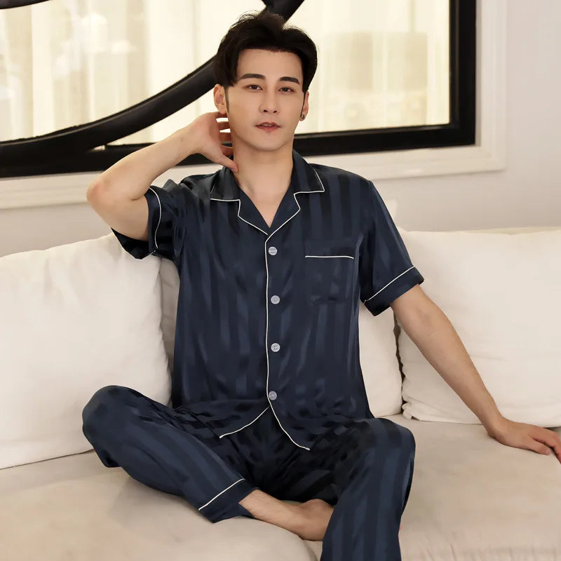 Men's High Quality Pajama Set | Spring & Autumn Thin Ice Silk Polyester Sleepwear | Long Sleeve Plus Size Summer Homewear