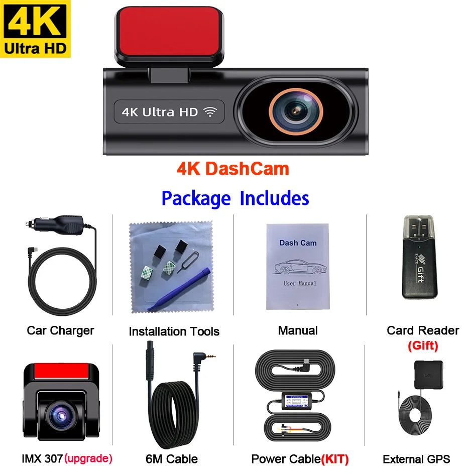 Ultra HD 4K Dash Cam – Loop Recording, 24H Parking Monitoring, Night Vision, Rear Camera Support, WiFi & APP Control