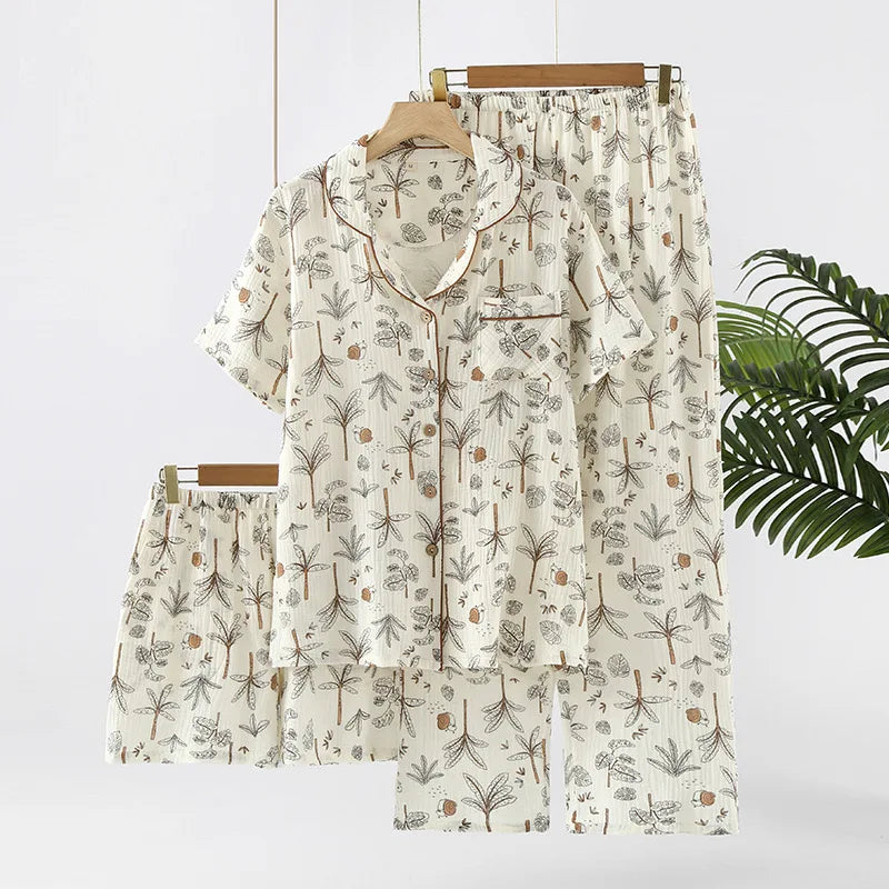 Summer Women's Pajama Set | 3-Piece 100% Gauze Cotton Sleepwear with Short Sleeve Top, Long Pants & Shorts