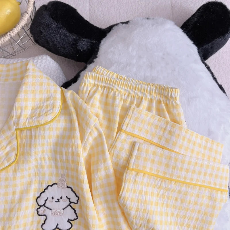 New Spring Women's Pajama Set | Cute Plaid Embroidered Dog Design Home Wear with Lapel Neck