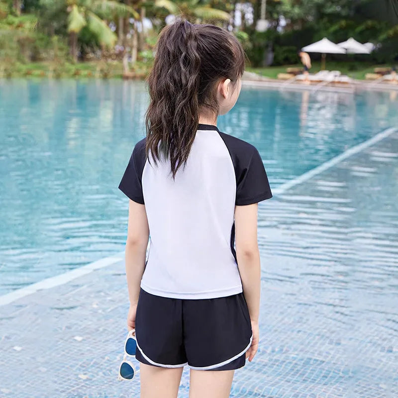 Girls Two Piece Swimsuit Double Layer Short Sleeve Swimwear Summer Beach Outfit
