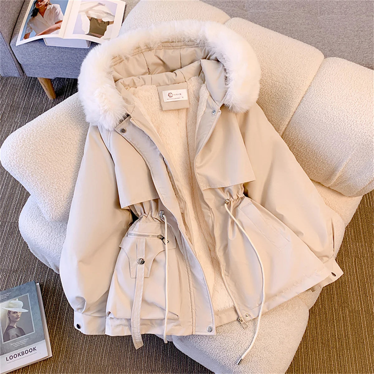 Women Autumn Winter Hooded Drawstring Padded Jacket Solid Casual Zip-Up Parka