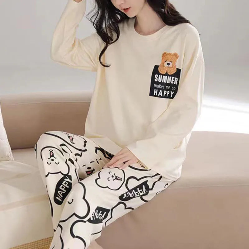 Plus Size Women's Pajama Set | Long Sleeve Top & Trousers | Autumn & Winter Cute Cartoon Bear Two-Piece Sleepwear