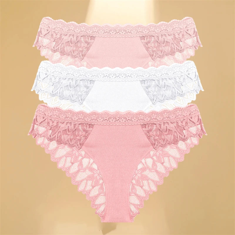 FINETOO 3PCS Women's Lace Hollow Out Low Waist Floral Panties Sexy Invisible Breathable Lingerie