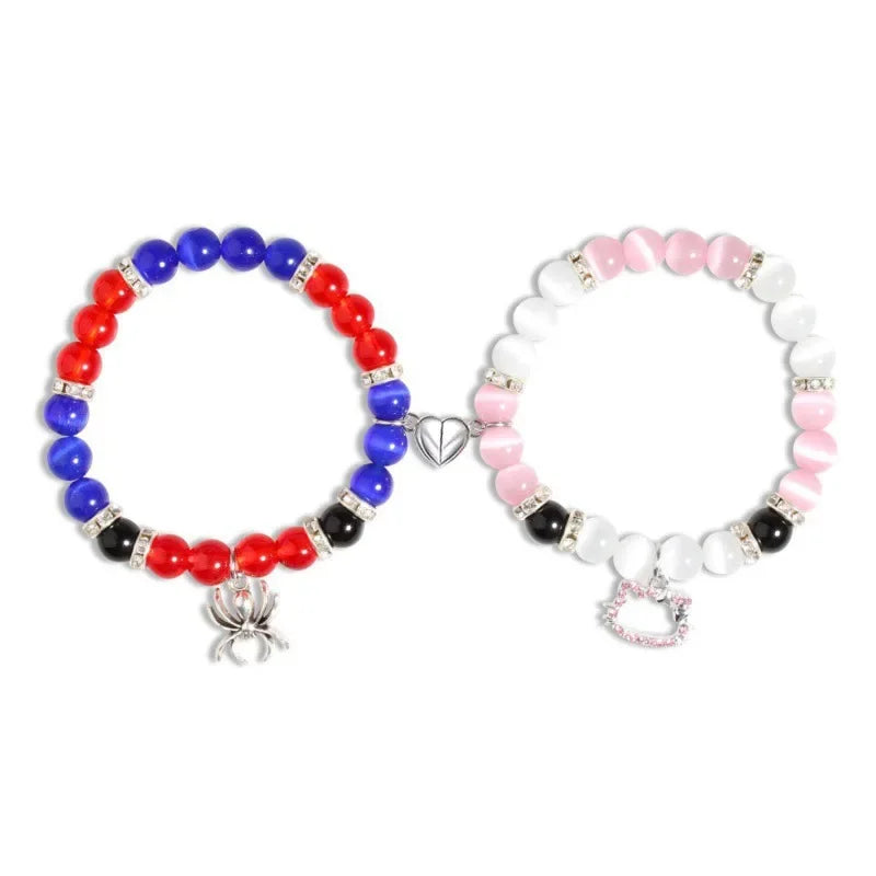 2-Pcs Spider Cat Charm Beaded Bracelets – Multi-Color Cat Eye Heart Bracelet Set for Best Friends, Red & Blue Beads with Fireball Spacer