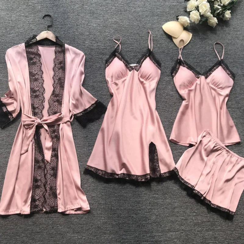 4PCS Women's Lace Pajama Set | V-Neck Nightdress with Chest Pads | Comfortable Home Sleepwear