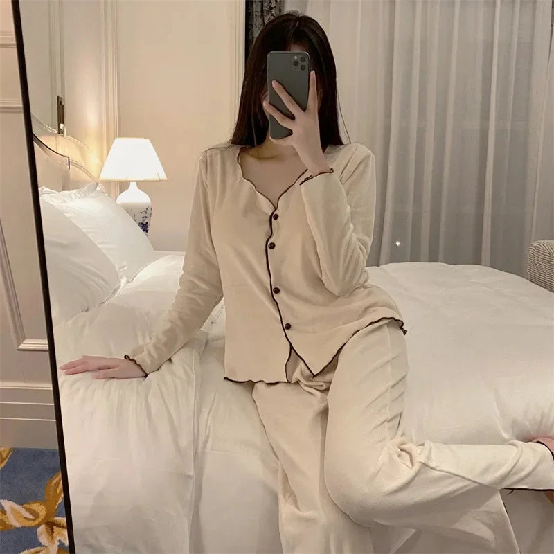 Women's V-Neck Flared Cardigan Pajama Set | Chest Pad & Fleece Pants Winter Plus Size Sleepwear