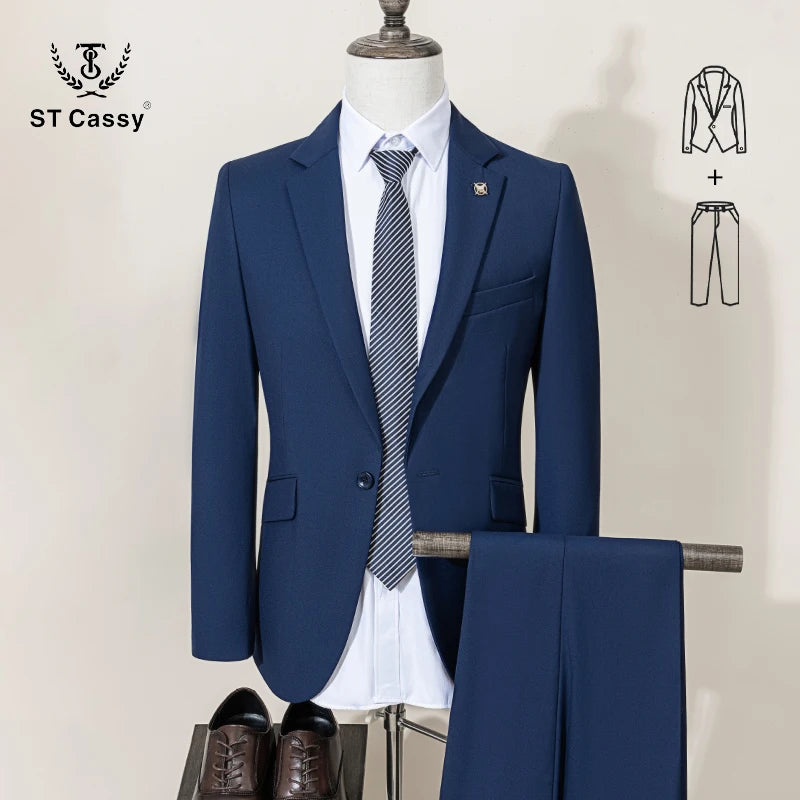 ST Cassy Men's Slim Fit 2-Piece Suit – Solid Color Formal Business & Office Wear
