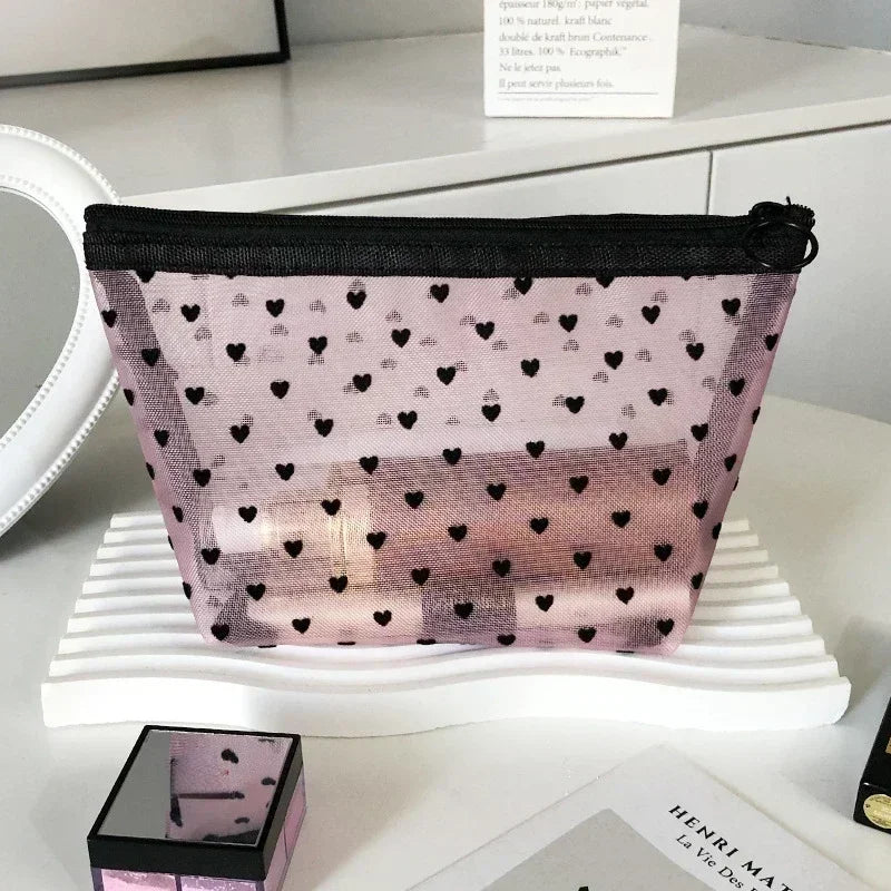 Nylon Mesh Cosmetic Bag | Heart-Shaped Toiletry Organizer for Women | Multi functional Makeup, Lipstick, Key & Coin Pouch