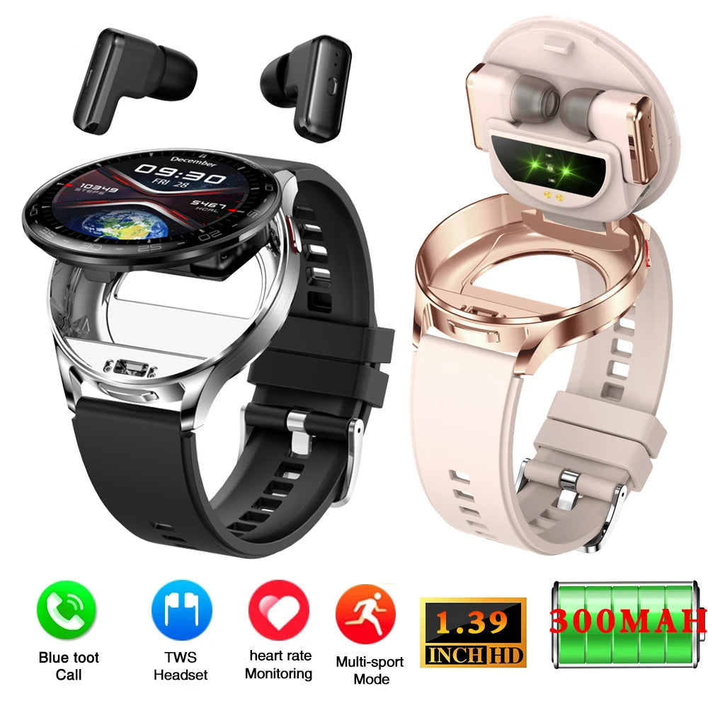 Smartwatch and wireless earbuds with features displayed on a white background