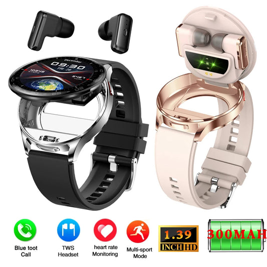 Smartwatch and wireless earbuds with features displayed on a white background