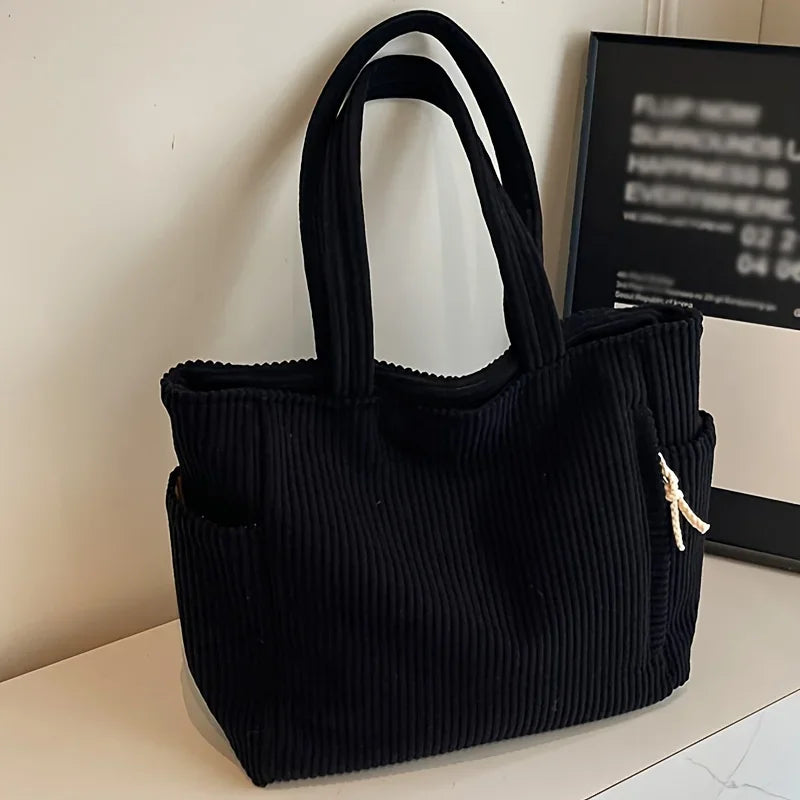 Women’s Corduroy Handbag • Large Capacity Shoulder Bag with Zipper • Casual Solid Color Tote for Daily & Commuter Use