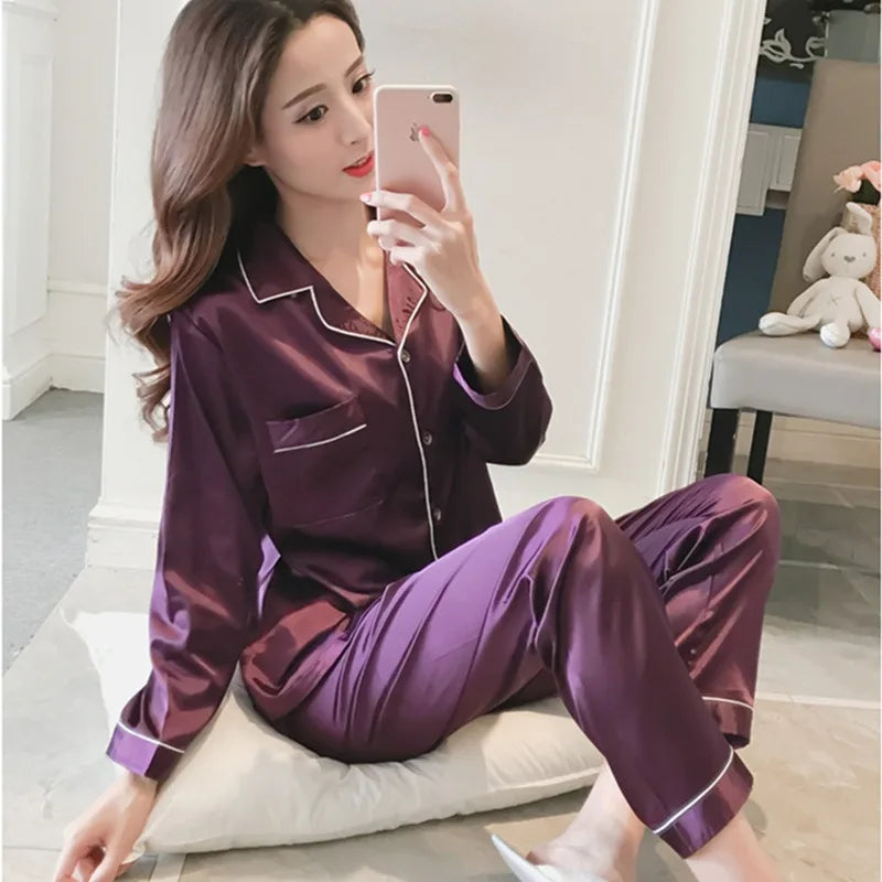 2025 Women's Silk Pajama Set | Long Sleeve Cardigan Ice Silk Sleepwear Home Clothing
