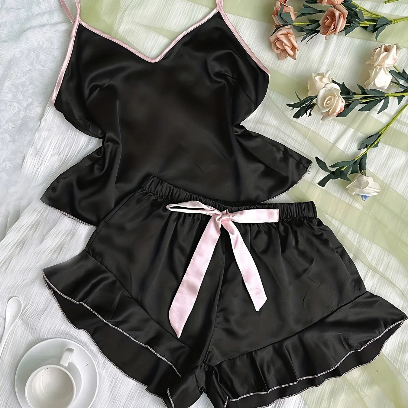 Women’s Smooth Satin Pajamas – V-Neck T-Shirt with Ruffled Edges & Bow Shorts, Simple Breathable Homewear Set