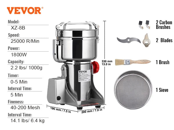 Electric Grain Mill Grinder 150-2500g Commercial Spice Herb Crusher