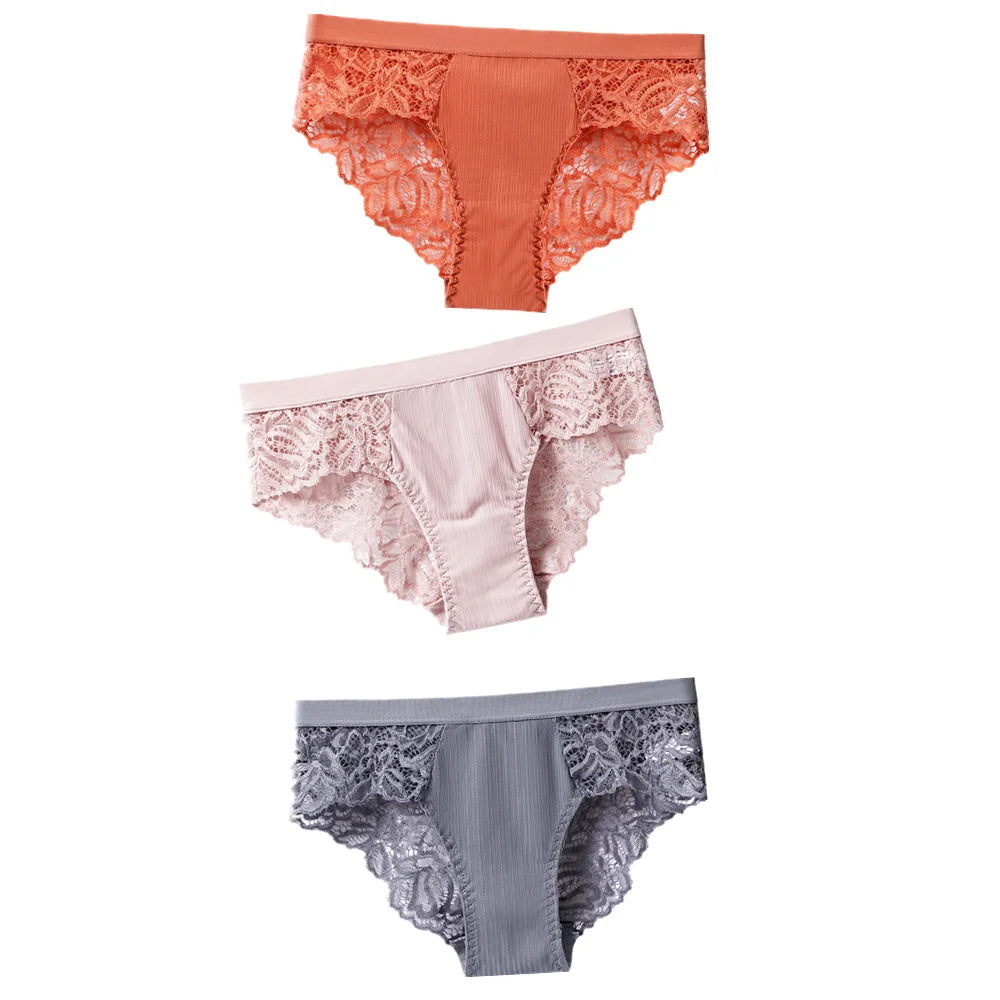 3Pcs Cotton Lace Panties for Women - Sexy Floral Briefs Underwear Lingerie Plus Size