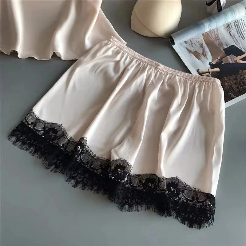Women’s Pajama Suit – Fashion V-Neck Stretch Satin Babydoll, Lace Sexy Lingerie Bowknot Sleep Shorts Set