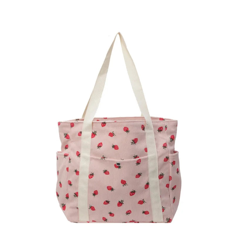 Women’s Strawberry Corduroy Handbag • Cute Fashion Shoulder Tote • Versatile Casual & Commuter Bag