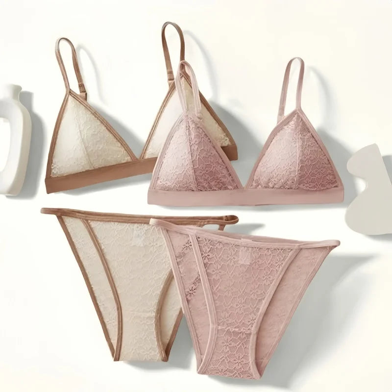 Women's Wireless Bra & Panties Set – Non-Wire Push Up Lace Bralette with Low Rise Panties, Sexy Lingerie