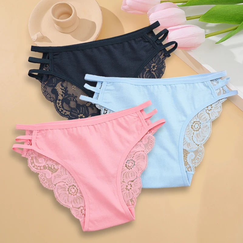 3PC Set Women's Sexy Lace Low Rise Hollow Out Floral Panties Transparent Soft Elastic Lingerie