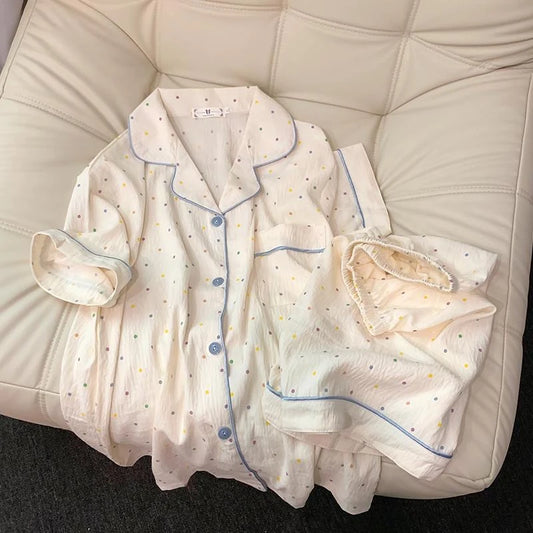 Polka Dot Women's Pajama Set | Cotton Sleepwear Top & Shorts | Casual Comfortable 2-Piece Home Outfit